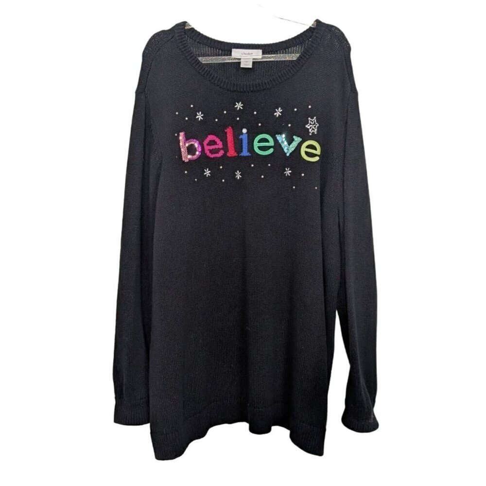 CJ Banks Believe Sweater Womens Size 2X Black Embellished Christmas Holiday Knit